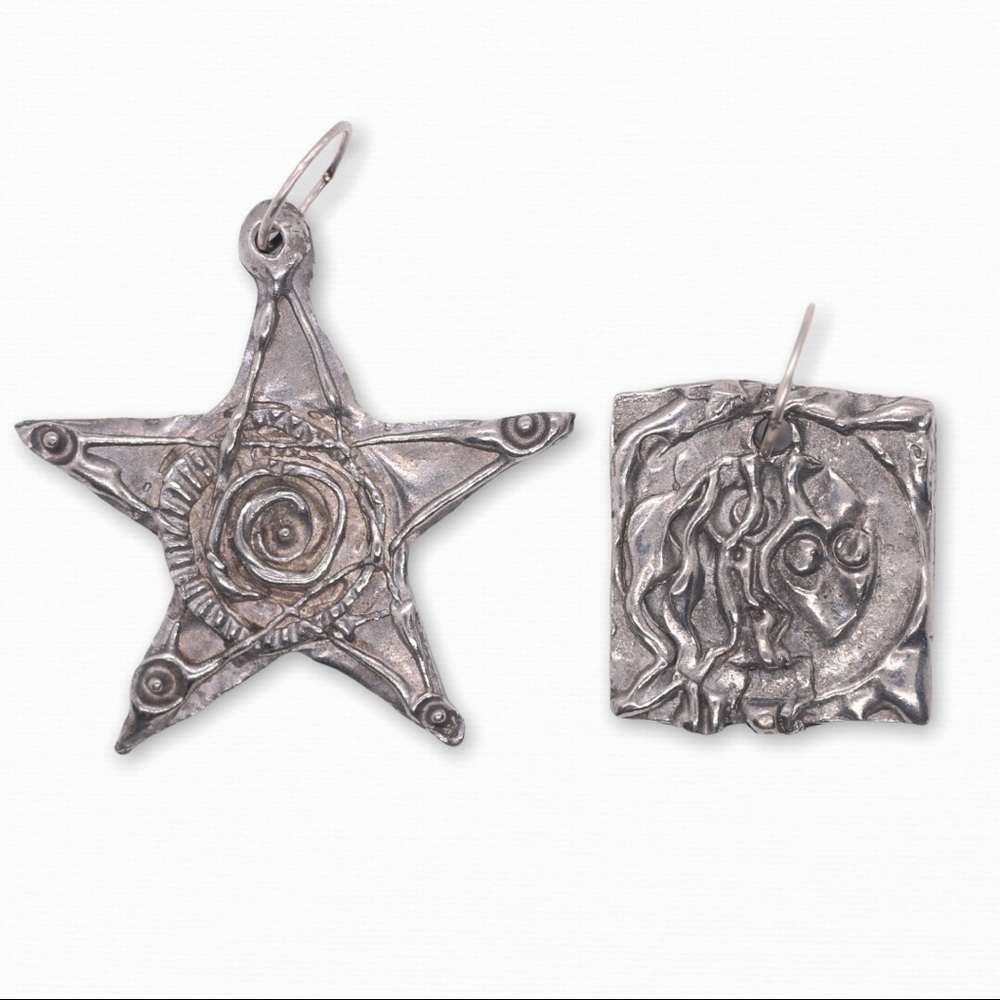 Unique Silver Necklaces 2 Hand Crafted Pendants Ornate Star & Square Abstract